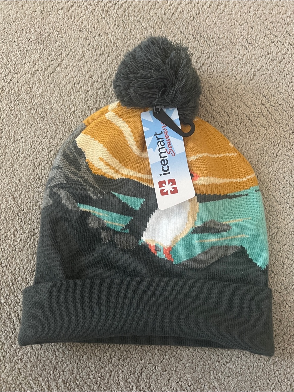 Pom Beanie - Dark Gray with Mustard & Teal Accent